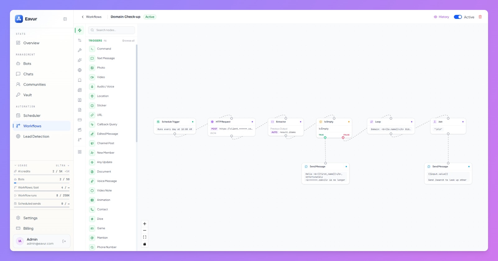 The Eavur workflow builder — a visual canvas wiring triggers to AI nodes, branches, and CRM actions